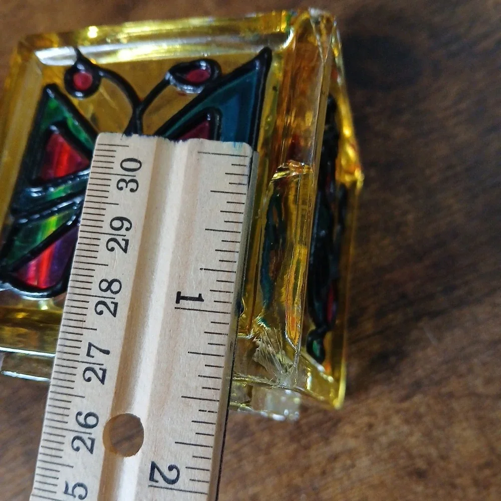 Vtg Stained Glass Handmade Studio Art Candle Holder Ladybug Butterfly 3